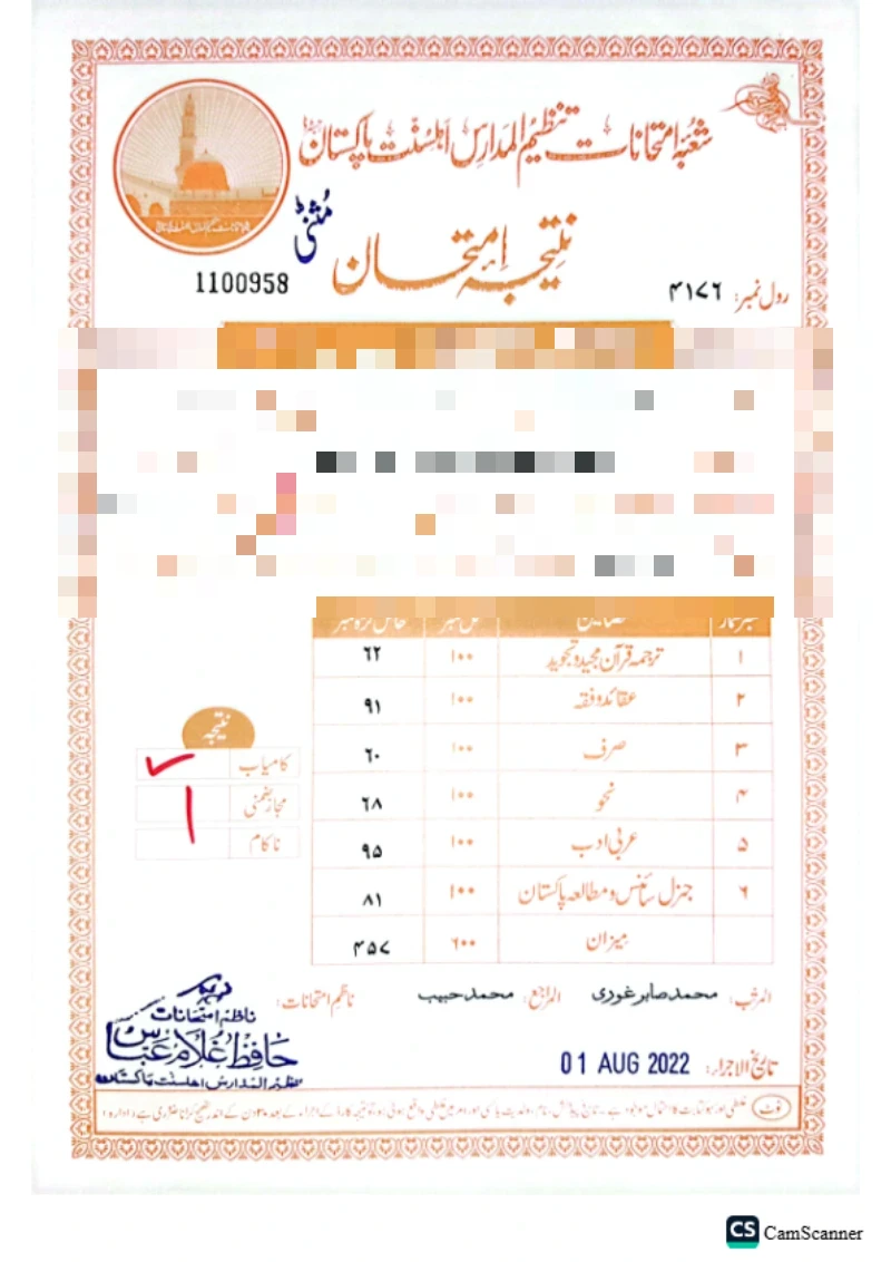 Mufti Shahbaz Hussain annual examination result certificate, Tanzeem-ul-Madaris Ahl-e-Sunnat Pakistan (personal details redacted)