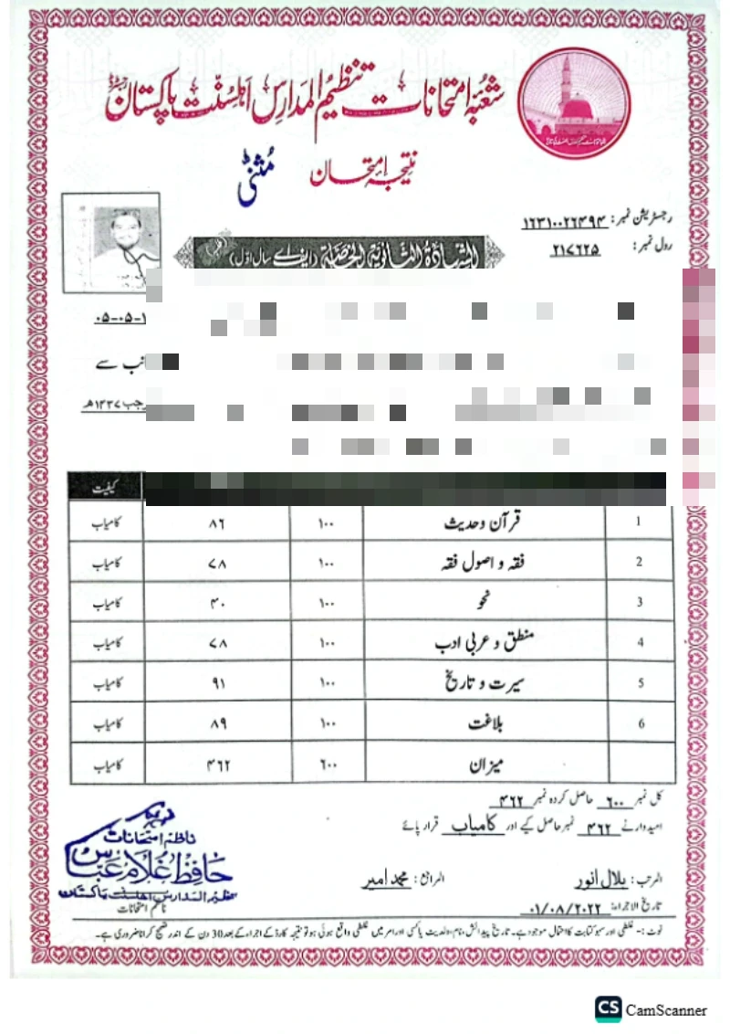Mufti Shahbaz Hussain annual examination result including Tajweed and Qirat, Tanzeem-ul-Madaris Ahl-e-Sunnat Pakistan (personal details redacted)