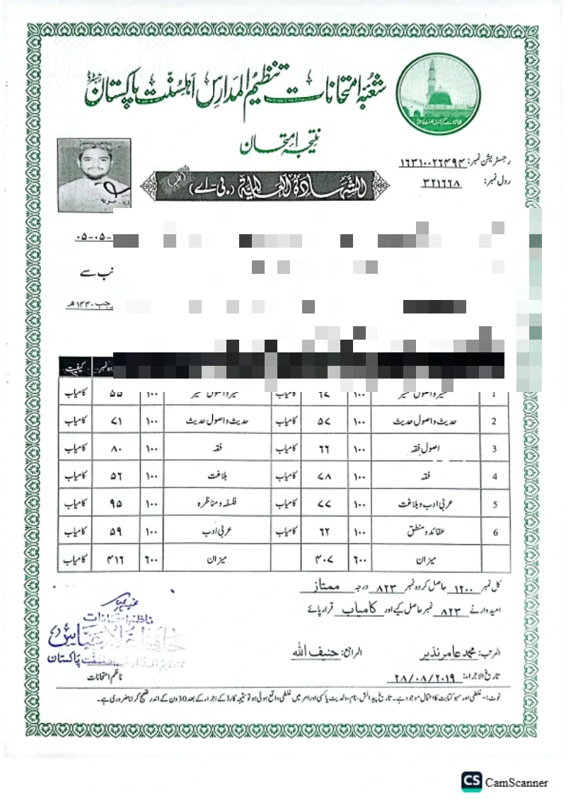 Mufti Shahbaz Hussain annual examination result certificate, Tanzeem-ul-Madaris Ahl-e-Sunnat Pakistan (personal details redacted)