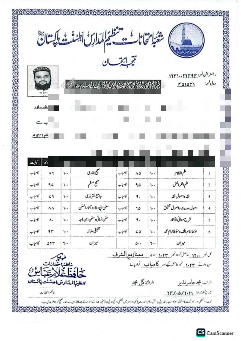 Mufti Shahbaz Hussain annual examination result, advanced Hadith and Fiqh studies, Tanzeem-ul-Madaris Ahl-e-Sunnat Pakistan (personal details redacted)